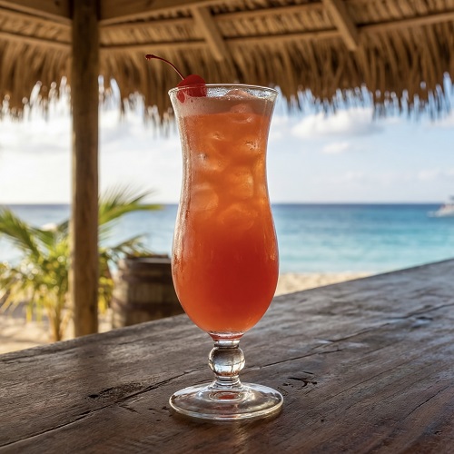 Rum Punch cocktail in a Hurricane glass.